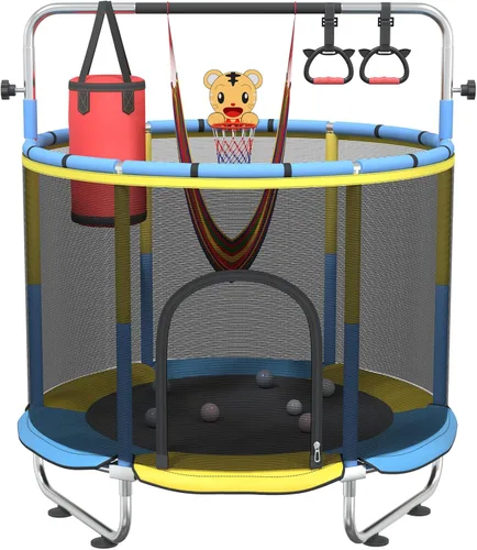 Miniatura 10 de Trampolín infantil de 60 pulgadas para niños de 2 a 4 años, mini trampolín de 5 pies para interiores con pelota de baloncesto, barra de gimnasia