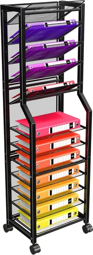 Miniatura 8 de Simple Trending - Carrito de archivo de 12 niveles con ruedas, organizador de escritorio con bandejas deslizantes y malla metálica