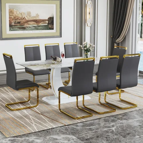 Miniatura 38 de Juego de 6 sillas de mesa de comedor para 6, juego de 6, moderno juego de comedor con mesa de comedor de mármol de 63 pulgadas, sillas tapizadas