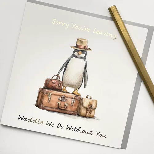 Miniatura 2 de Old English Co. - Tarjeta de pensión de jubilación con sombrero de pingüino y maleta para colega de trabajo, divertida tarjeta de pensión