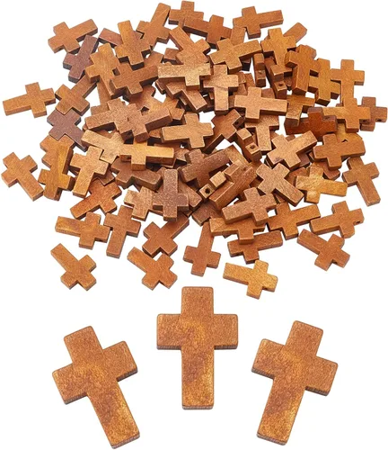 Miniatura 14 de SUNNYCLUE 100 dijes de cruz de madera a granel, cuentas de madera natural, mini cruces de bolsillo blancas y negras, rosario, crucifijo de Pascua