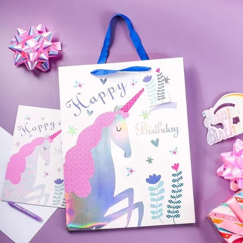 Miniatura 6 de WRAPAHOLIC Bolsa de regalo de cumpleaños grande de 13 pulgadas con tarjeta y papel de seda, adorable unicornio con lámina plateada holográfica