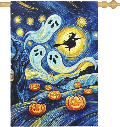 Miniatura 16 de Bandera de jardín de Halloween, bandera de jardín de calabaza Van Gogh, banderas de jardín, artes, cielo nocturno estrellado, luna, bandera