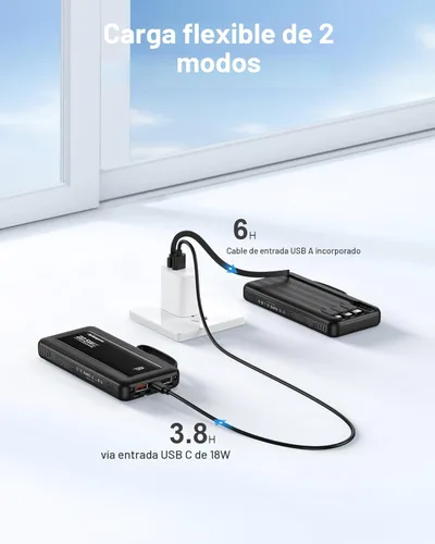 Miniatura 7 de Cargador portátil con cables integrados, batería de 10,000 mAh delgada, carga rápida de 22.5 W, banco de energía con pantalla LED USB C, 6 salidas