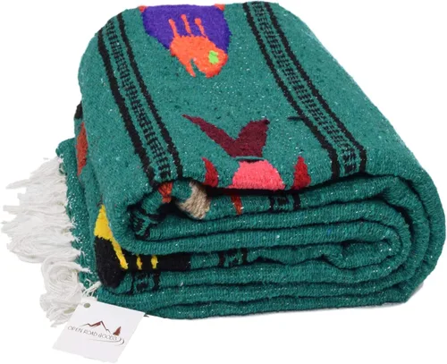 Open Road Goods Manta de yoga mexicana gruesa, diseño de pez serape, hecha a mano (turquesa)