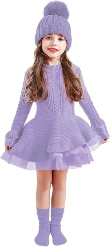 Miniatura 2 de Suéter de Navidad de ganchillo de invierno para niñas pequeñas, vestido de punto y banda para el cabello (morado, 2-3 años)
