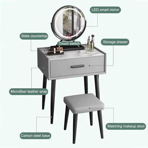 Miniatura 2 de Juego de mesa de tocador con espejo de brillo ajustable y taburete acolchado, mesa de maquillaje con cajón grande para mujeres, niñas pequeñas Gris