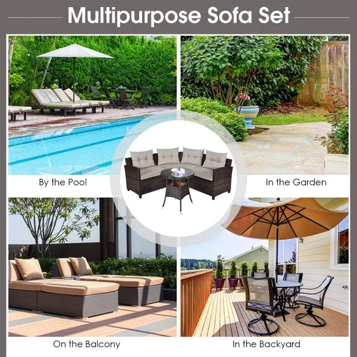 Miniatura 8 de Tangkula - Juego de muebles de patio de 4 piezas en forma de C de mimbre para exteriores, con cojines y mesa de centro con cubierta de cristal