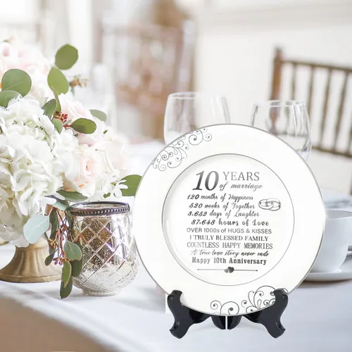 Miniatura 5 de Urllinz Plato del 10º Aniversario con Decoraciones de Lámina de Platino - Regalos de Estaño de Boda de 10 Años para Ella Parejas Esposa Él Marido