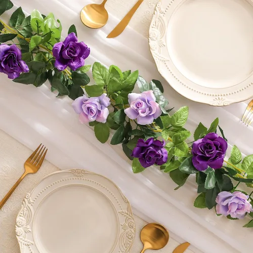 Miniatura 4 de JUSTOYOU Paquete de 2 guirnaldas de rosas falsas (15.8 pies), rosas artificiales, enredaderas, guirnalda de flores para colgar, vid floral, boda