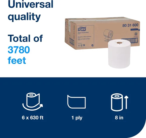 Miniatura 3 de Tork Rollo de toalla de mano blanco H80, universal, 100% fibra reciclada, 6 rollos x 630 pies, 8031600