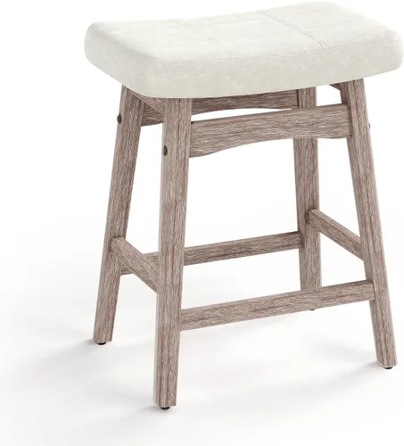 Miniatura 11 de MAISON ARTS Juego de 4 taburetes de bar grises para encimera de cocina, patas de madera maciza con asiento de silla de montar de piel sintética