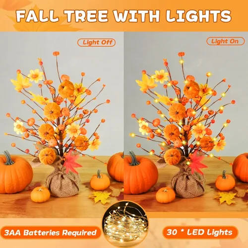 Miniatura 3 de Decoraciones de otoño para el hogar, 1 paquete de 24 pulgadas de árbol artificial de hojas de arce con luces para mesa, Acción de Gracias, cosecha