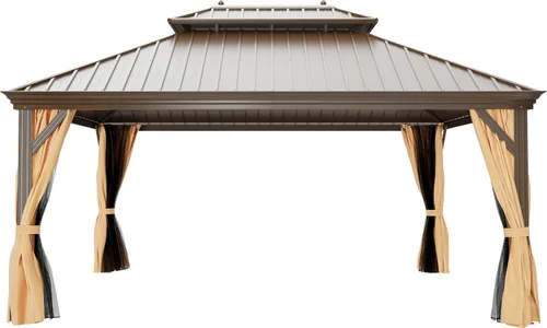 Miniatura 9 de Cenador de techo rígido de 12'x16', Cenador de patio de aluminio para exteriores con toldo de acero galvanizado de doble techo con malla y cortinas