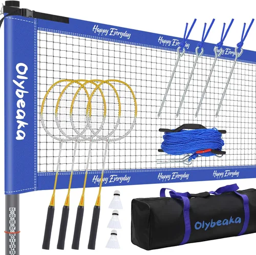 Juego de bádminton al aire libre para patio trasero, césped, playa, sistema de red de bádminton portátil con diseño antiflacidez, 4 raquetas de