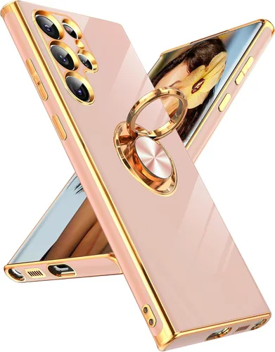 LeYi Funda para Samsung Galaxy S22 Ultra con Soporte de Anillo Giratorio de 360°, Soporte Magnético con Patilla, Borde Chapado en Oro Rosa Protector