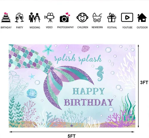 Miniatura 6 de Lofaris Telón de fondo de sirena de 5 x 3 pies con temática de cola de pez para niños y niñas bajo el mar Splish Splash Oneder The Sea 1st Bday