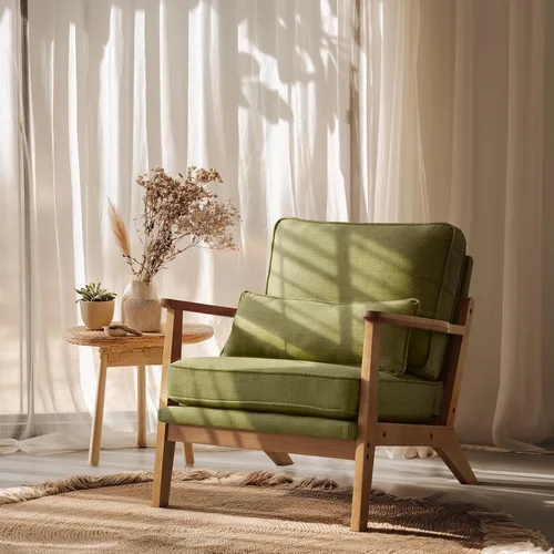 VINGLI Silla de Acento de Madera Maciza con Reposabrazos Anchos, Silla Moderna Tapizada de Mediados de Siglo con Almohada, Cómoda Silla de Lectura