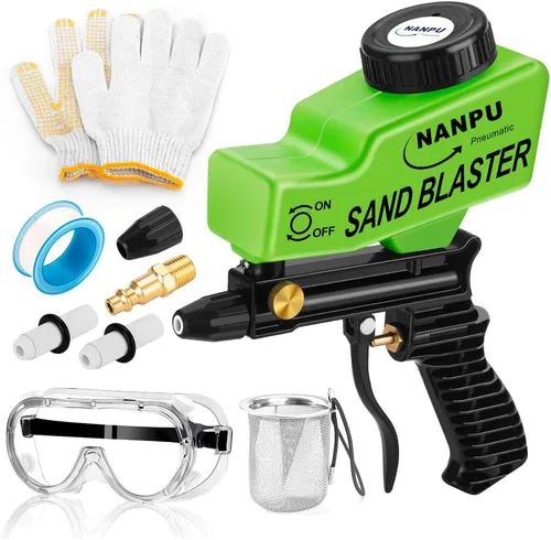 NANPU Kit de pistola de chorro de arena de aire ligero con alimentación por gravedad, boquilla de metal, cuerpo de plástico, para preparación de