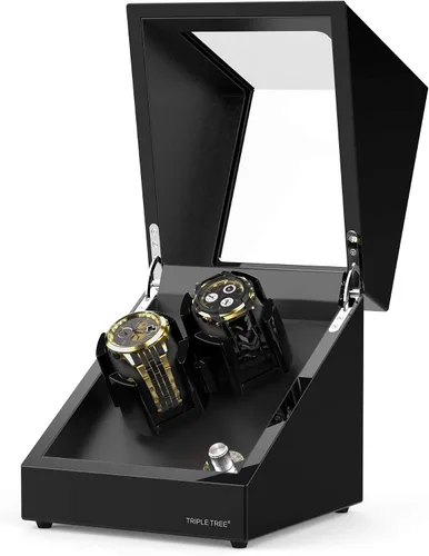 Miniatura 2 de TRIPLE TREE Enrollador de reloj doble para relojes automáticos, caja automática de reloj con acabado de piano de carcasa de madera, con motor