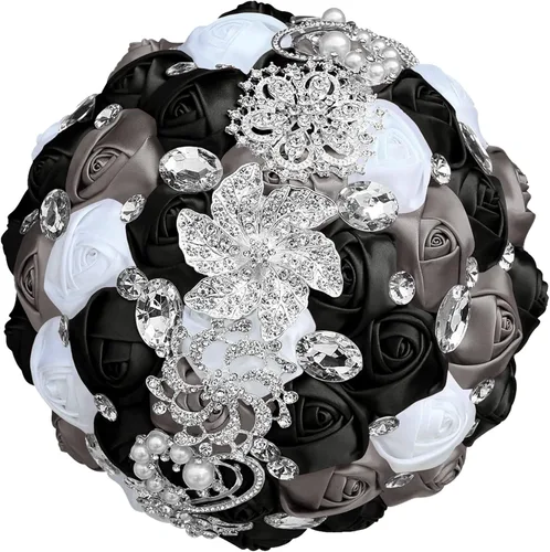 Miniatura 17 de XINNI Broche de oro de lujo de 8 pulgadas, ramo de boda nupcial para novia, dama de honor, ramo de rosas de satén con perlas, color negro y gris