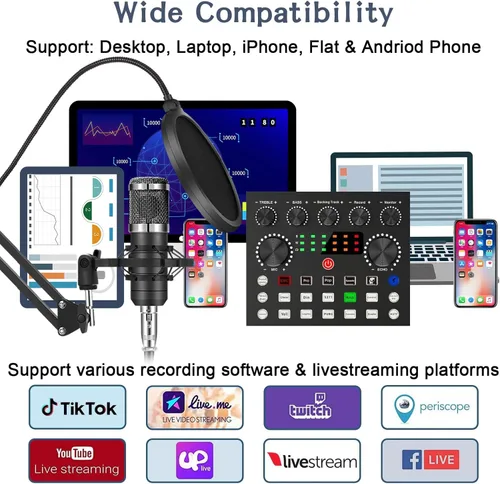 Miniatura 5 de Paquete de equipo de podcast para 2, interfaz de audio ALPOWL con micrófono BM800 de diseño cardioide para jugadores y mezclador DJ todo en uno