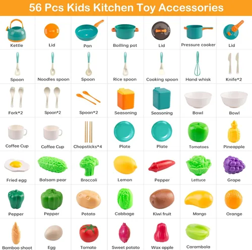 Miniatura 3 de 56 piezas de mini accesorios de cocina para niños, juego de cocina de simulación con utensilios de cocina, vajilla y 2 juegos de frutas, regalo