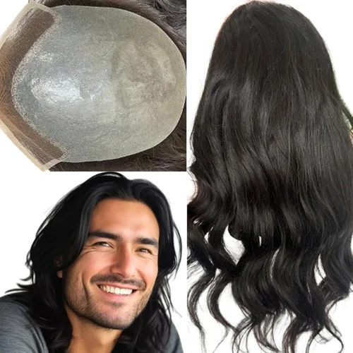 Miniatura 14 de Voloria Sistema de reemplazo de cabello tipo tupé de 12 pulgadas de largo para hombre, encaje suizo frontal, línea capilar natural, pelo de piel