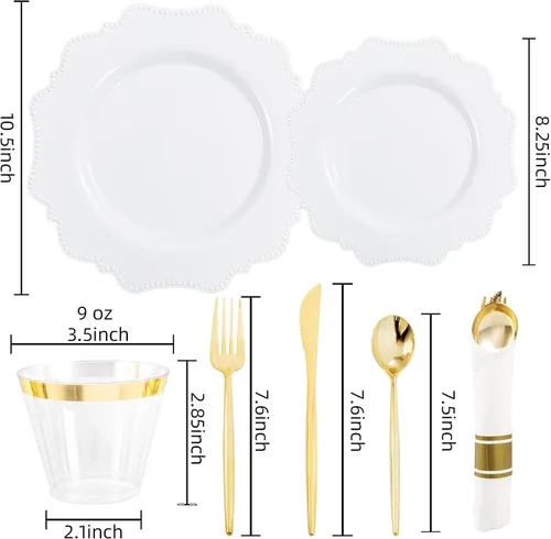 Miniatura 3 de COLOSUS Juego de cubiertos dorados desechables de 350 piezas de plástico blanco para fiesta: 50 platos de cena, 50 platos de postre, 50 servilletas
