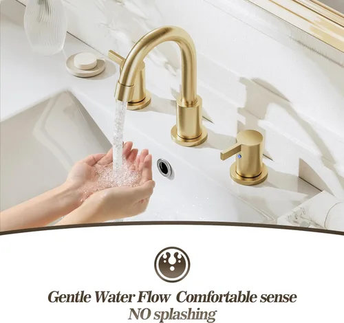 Miniatura 4 de Phiestina Grifo de lavabo de baño de 3 agujeros generalizado de oro cepillado, juego de llave de baño de 8 pulgadas con drenaje emergente de metal