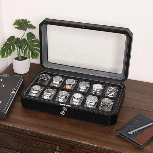 Miniatura 2 de ROTHWELL Caja de reloj de cuero con 12 ranuras para hombre, organizador de exhibición de lujo para relojes, forro de microgamuza, soporte
