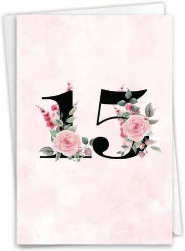 NobleWorks - Tarjeta de felicitación del aniversario del 15º aniversario con sobre de 5 x 7 para hombres y mujeres (1 tarjeta) Pareja floral 15