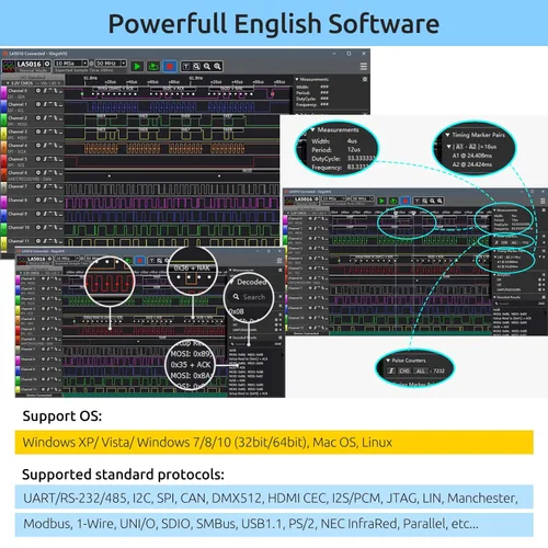 Miniatura 4 de LA5016 Analizador Lógico USB - 16 Canales 500MS/s 10GB de Profundidad Generador PWM, Herramienta de Depuración MCU ARM FPGA, Software en Inglés