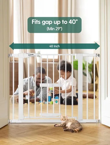 Miniatura 7 de Babelio Puerta de bebé con puerta para gatos ajustable, puerta de metal para mascotas de 29 a 40 pulgadas para escaleras y puertas, montada a Blanco