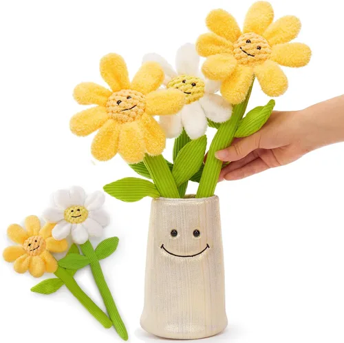 Tezituor 3 piezas de peluche de flores con jarrón suave, ramo de tela de animales de peluche de margaritas de 14 pulgadas, regalo para niñas, novia,