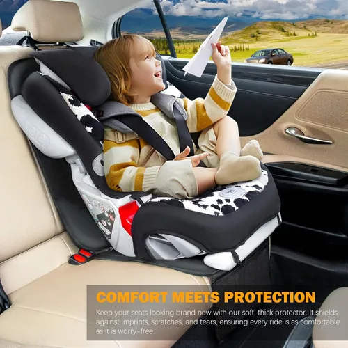 Miniatura 2 de Siivton Protector de asiento de automóvil para asiento infantil para asientos de cuero y tela, 2 bolsillos de malla, respaldo antideslizante, Negro