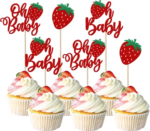 Miniatura 27 de Paquete de 24 adornos para cupcakes Sweet One con purpurina para primer cumpleaños, fresa, cupcakes, para frutas, baby shower, primer cumpleaños