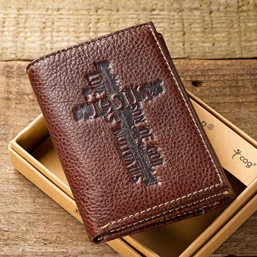 Miniatura 6 de Christian Art Gifts Carteras de cuero genuino de grano completo con bloqueo RFID para hombres, diseños plegables y triples, muchas ranuras