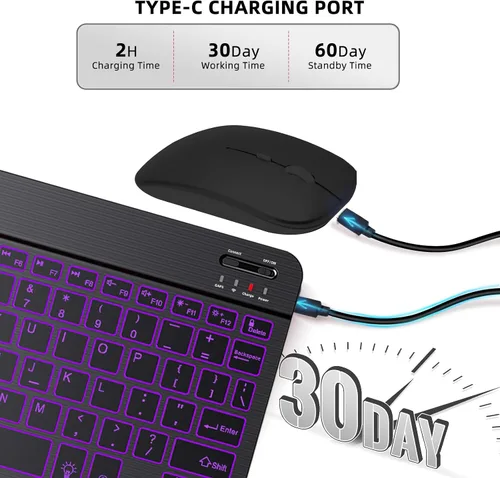 Miniatura 6 de Funda de teclado para Samsung Galaxy Tab A8 10.5 pulgadas - 7 colores retroiluminados cubierta de teclado y mouse (negro)