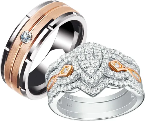 Newshe Jewellery Juego de anillos de boda para él y ella, AAAAA, circonita cúbica, bandas de tungsteno para hombre y mujer, plata de ley 925, oro