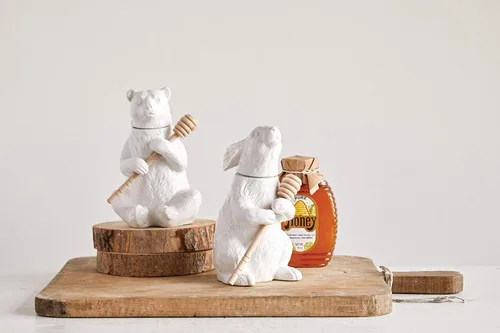 Miniatura 2 de Creative Co-Op Oso blanco en forma de olla de miel con tapa y cuchara de bambú
