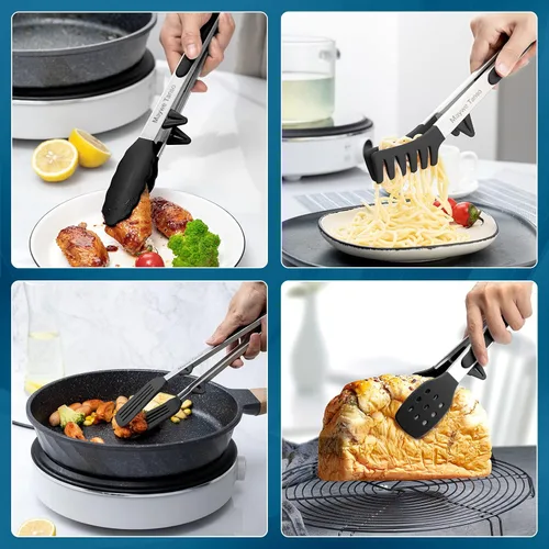Miniatura 2 de Paquete de 5 pinzas de silicona para cocinar, 4 pinzas de cocina de 13 pulgadas con puntas de silicona, pinzas de acero inoxidable antiadherentes