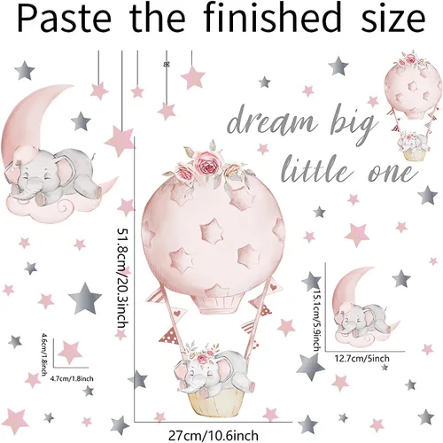 Miniatura 4 de Adhesivo de pared grande con diseño de elefante y elefante rosa durmiendo, sacinora Moon and Stars, vinilo extraíble para niños, guardería