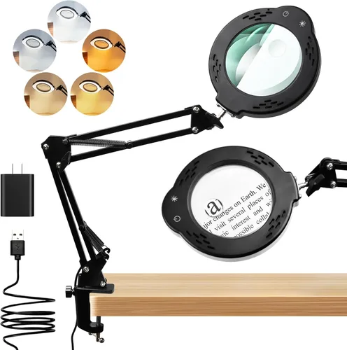 Lupa de 10 x 30 veces con luz, lámpara LED de escritorio con abrazadera, 5 modos de color, 10 niveles regulables, lupa con luz manos libres,