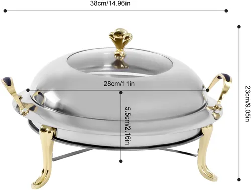 Miniatura 3 de Plato redondo para rozar, bandeja calentadora de bufé de acero inoxidable de 3.17 cuartos de galón con tapa y soporte de combustible para cocina