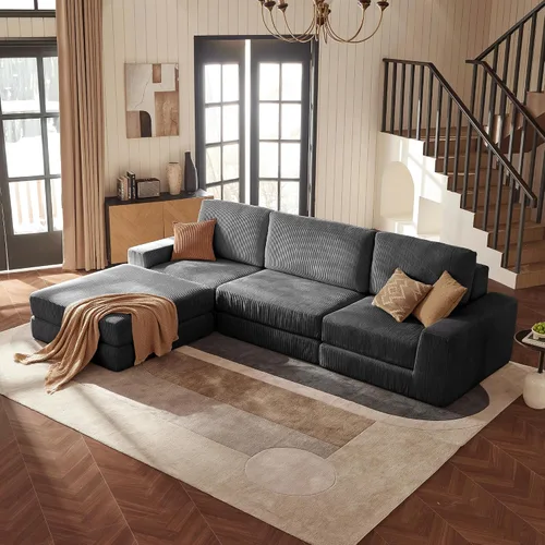 Miniatura 29 de Sofá seccional modular, 120.47" Sofá seccional moderno en forma de nube con chaise en L, cómodo sofá mullido de corduroy con asiento profundo, sofás