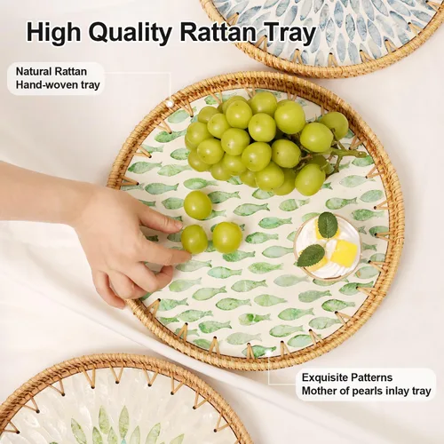 Miniatura 5 de Bandeja redonda de ratán con incrustaciones de nácar, bandeja de ratán para café, pan, frutas, bandeja decorativa de mimbre para decoración de mesa