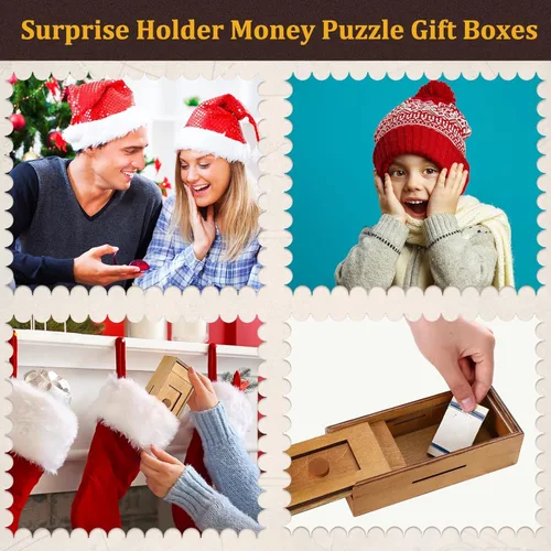 Miniatura 5 de 2 piezas Caja de rompecabezas de madera de Navidad con compartimentos ocultos, caja de dinero de madera para tarjeta de regalo, caja secreta