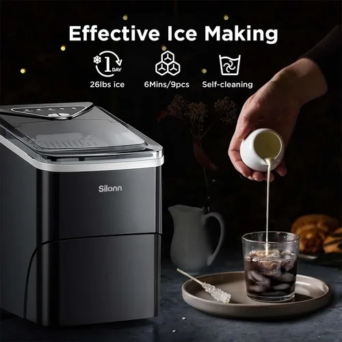 Miniatura 2 de Silonn - Máquina para hacer hielo con encimera, 9 cubos listos en 6 minutos, 26 libras en 24 horas, máquina de hielo autolimpiante con cuchara