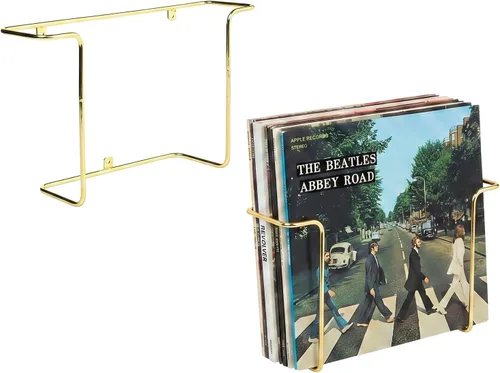 MyGift - Estantes de pared de alambre metálico para discos de vinilo modernos, portadiscos LP colgantes, estantes flotantes para cubiertas de Latón